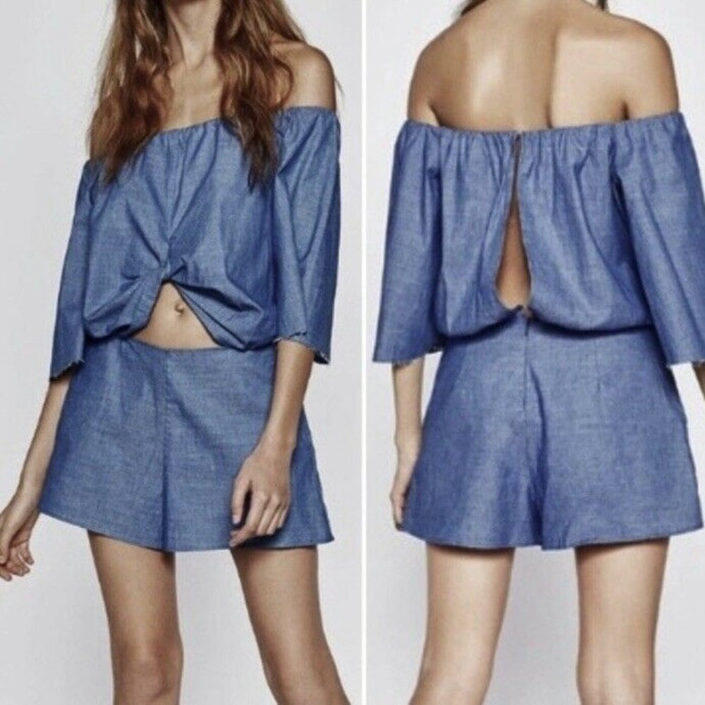 Zara Off The Shoulder Cut Out Raw Hem Romper